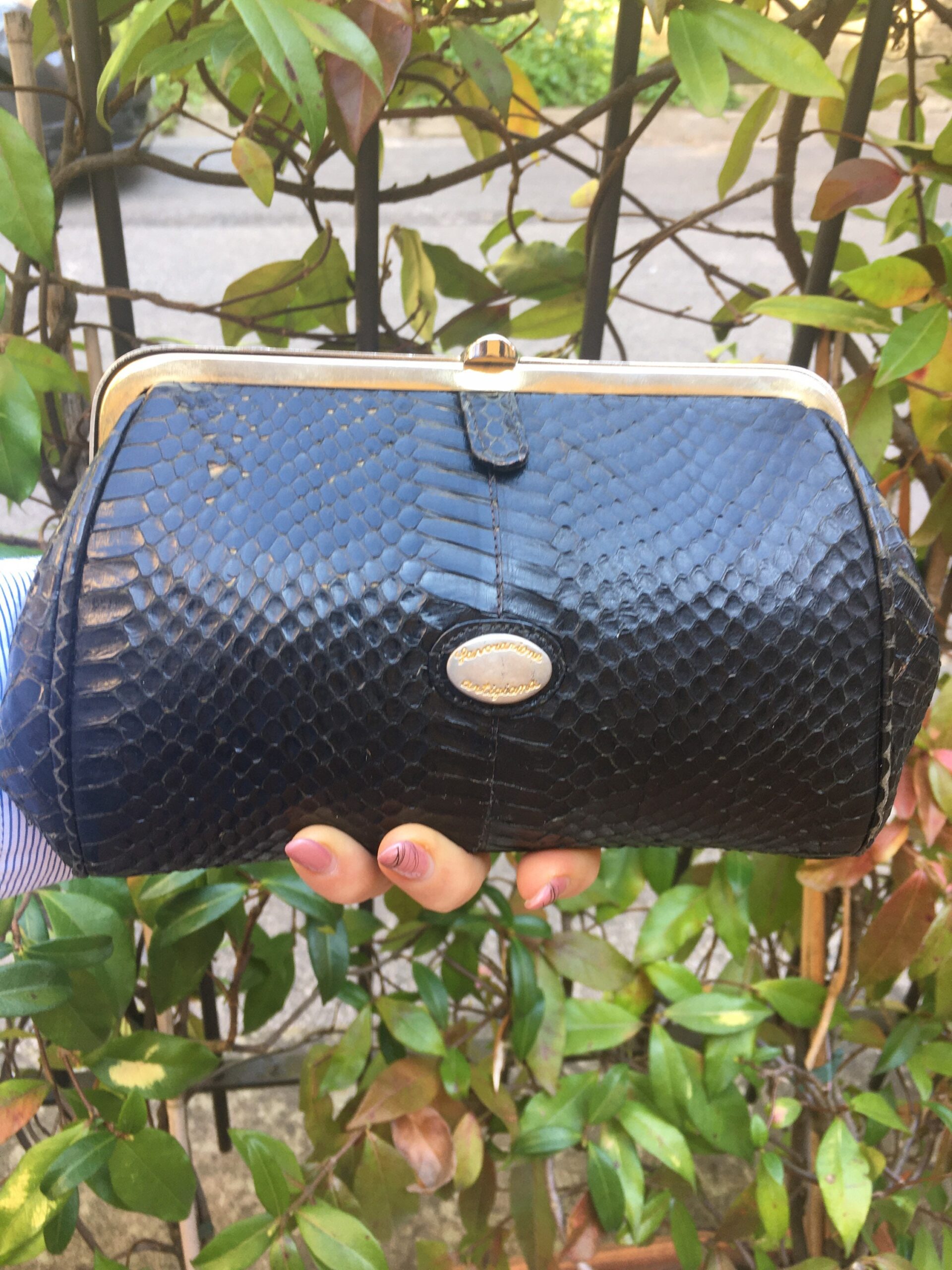 50s Vintage BORSELLO LEATHER PYTHON/Vintage black leather pouch/Reptile bag/wallet python/cosmetic bag - immagine 2