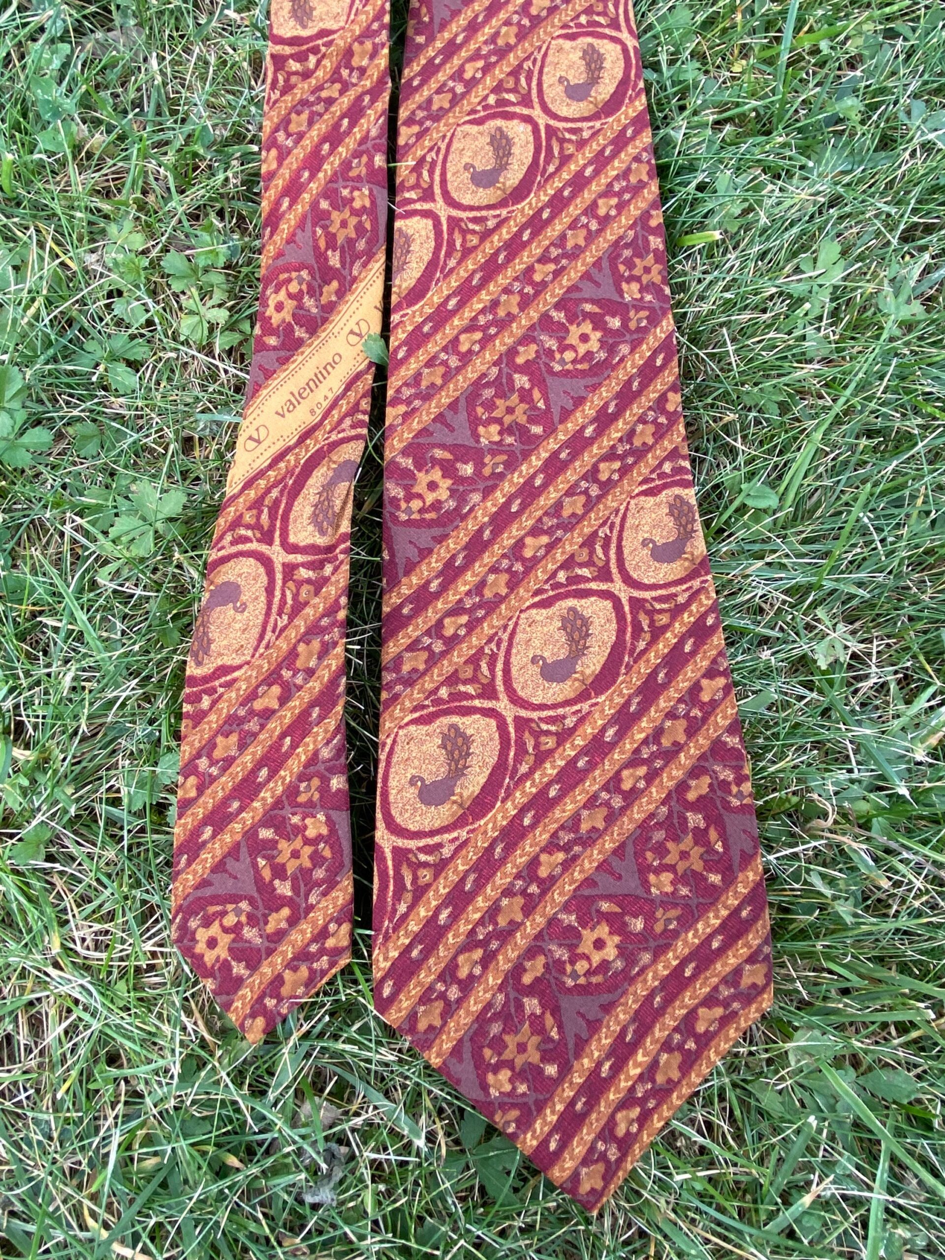 Tie silk Valentino/Cravats Valentino/Bordeaux silk tie Valentino/Valentino silk tie/ Design tie Valentino/Fashion tie with pheasant - immagine 5