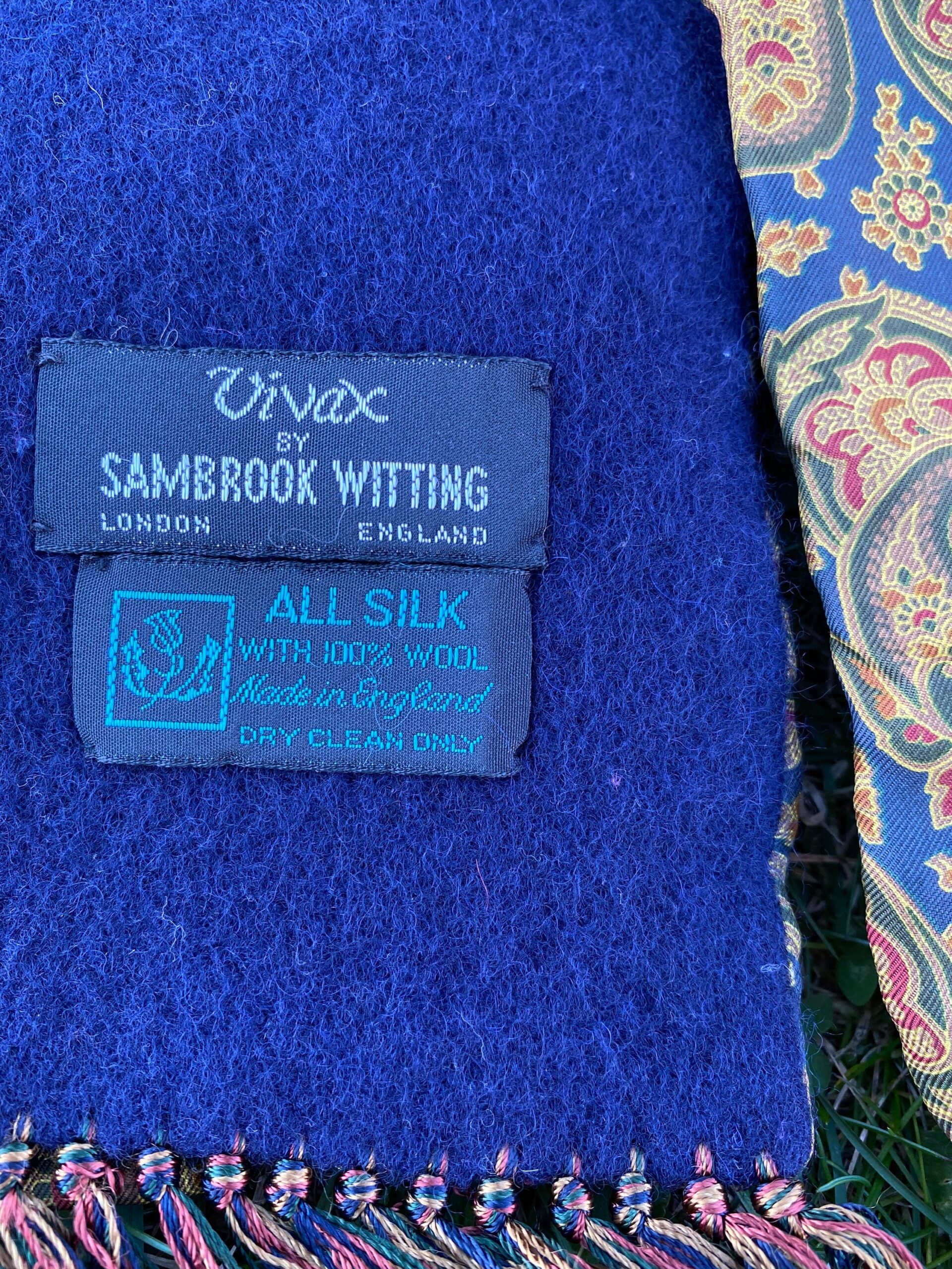 90s Vintage scarf wool silk Vivax By Sambrook Witting London/Blue gold scarf wool silk/Vivax wool silk scarf/Design double face scarf - immagine 4