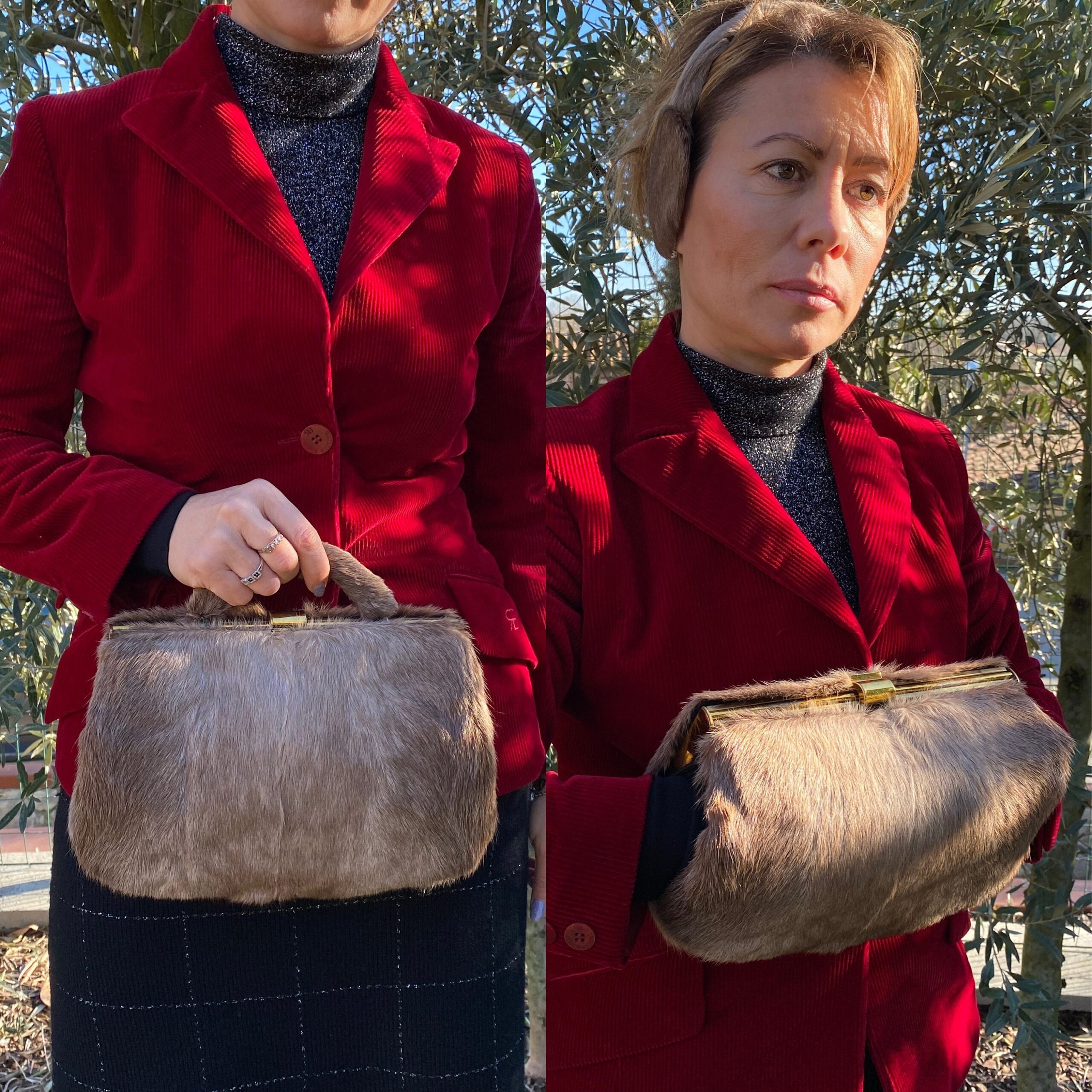 1950 Vintage clutch bag Artisan Florence Italy/Gray clutch bag leather/Design Pochette with headphones Fur clutch bag Artigiani Fiorentini - immagine 10