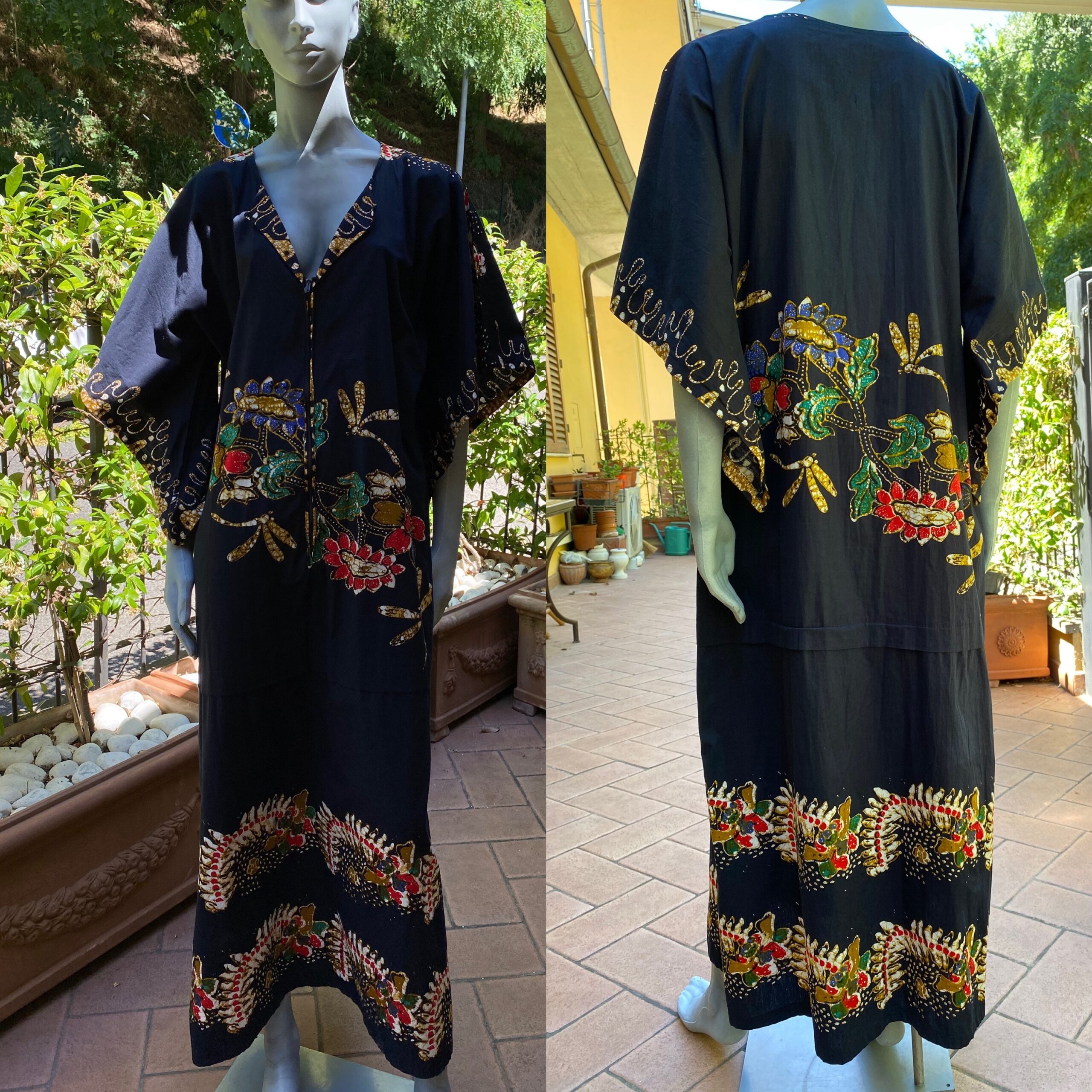 90s Vintage dress Thailand Printed Floral/Black dress cotton/Blazer original Thailand/Design dress Hand Screen Printed - immagine 2