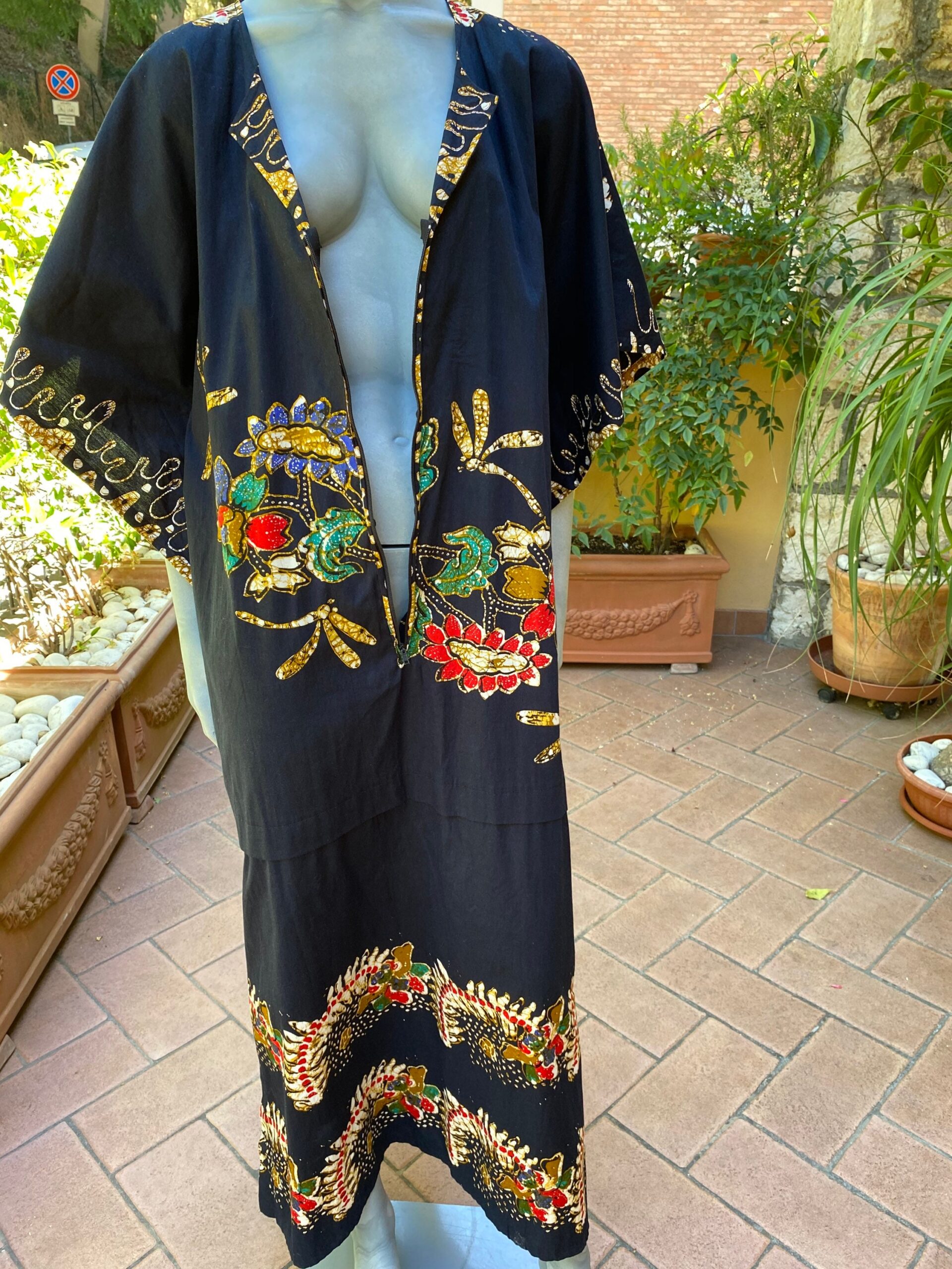 90s Vintage dress Thailand Printed Floral/Black dress cotton/Blazer original Thailand/Design dress Hand Screen Printed - immagine 5