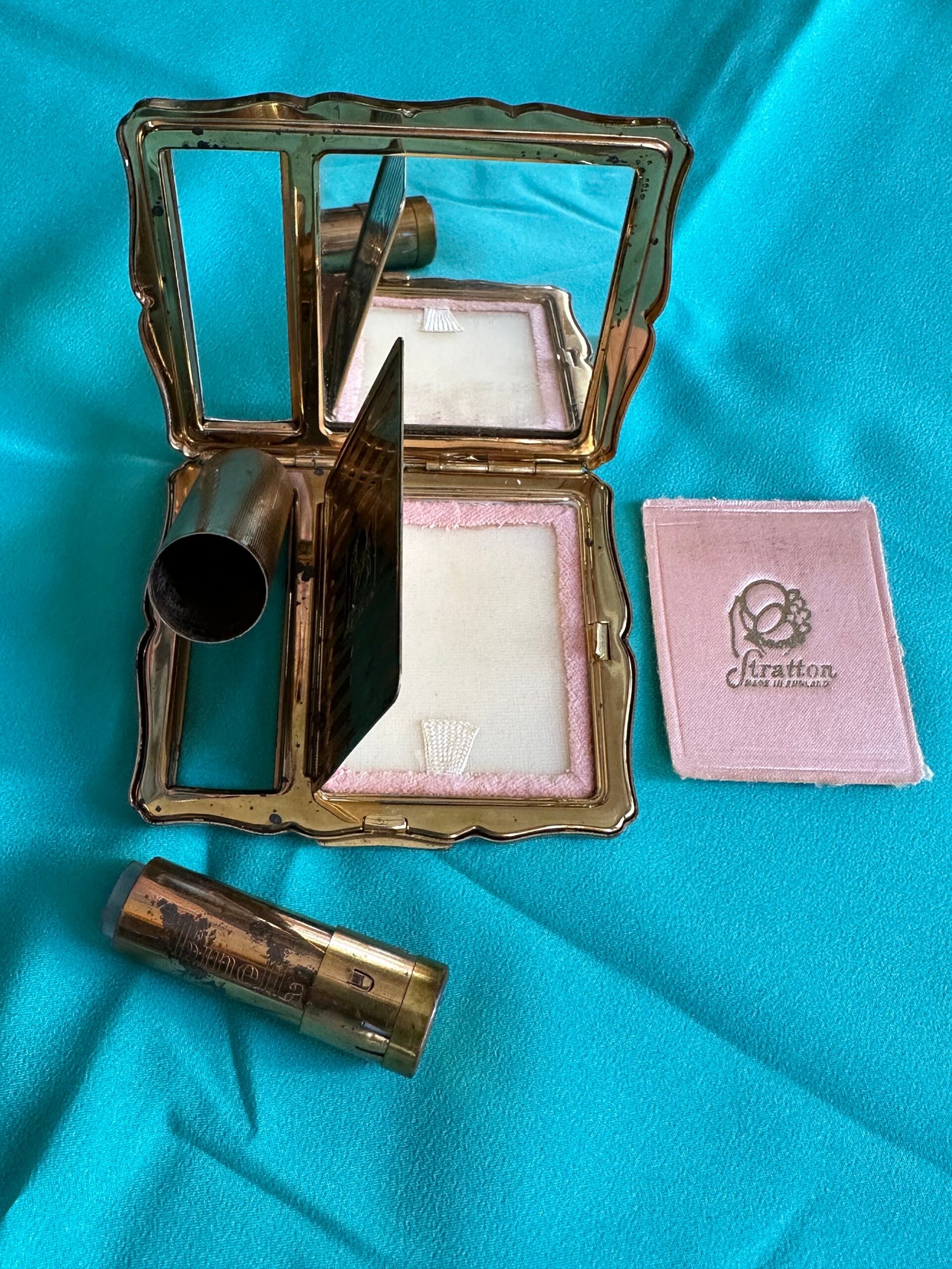 50s Victorian silver powder holder Stratton N1 England/Vintage gold powder mirror lipstick/Lipstik powder compact/Stratton powder holder - immagine 9