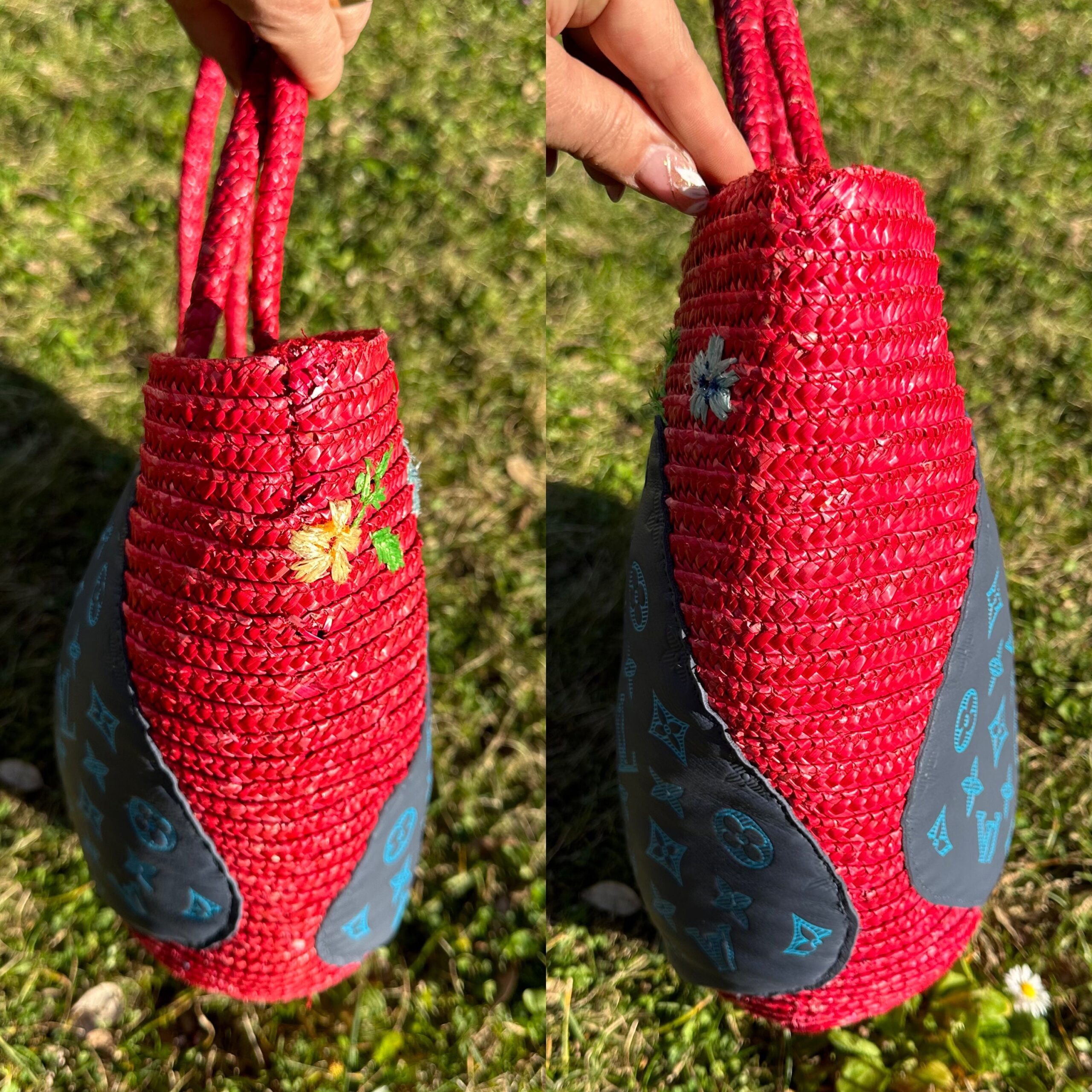 60s Vintage amazing rattan summer bag/Red blue rattan bag/60s raffia bag/Design summer bag/Amazing raffia bags creations - immagine 4