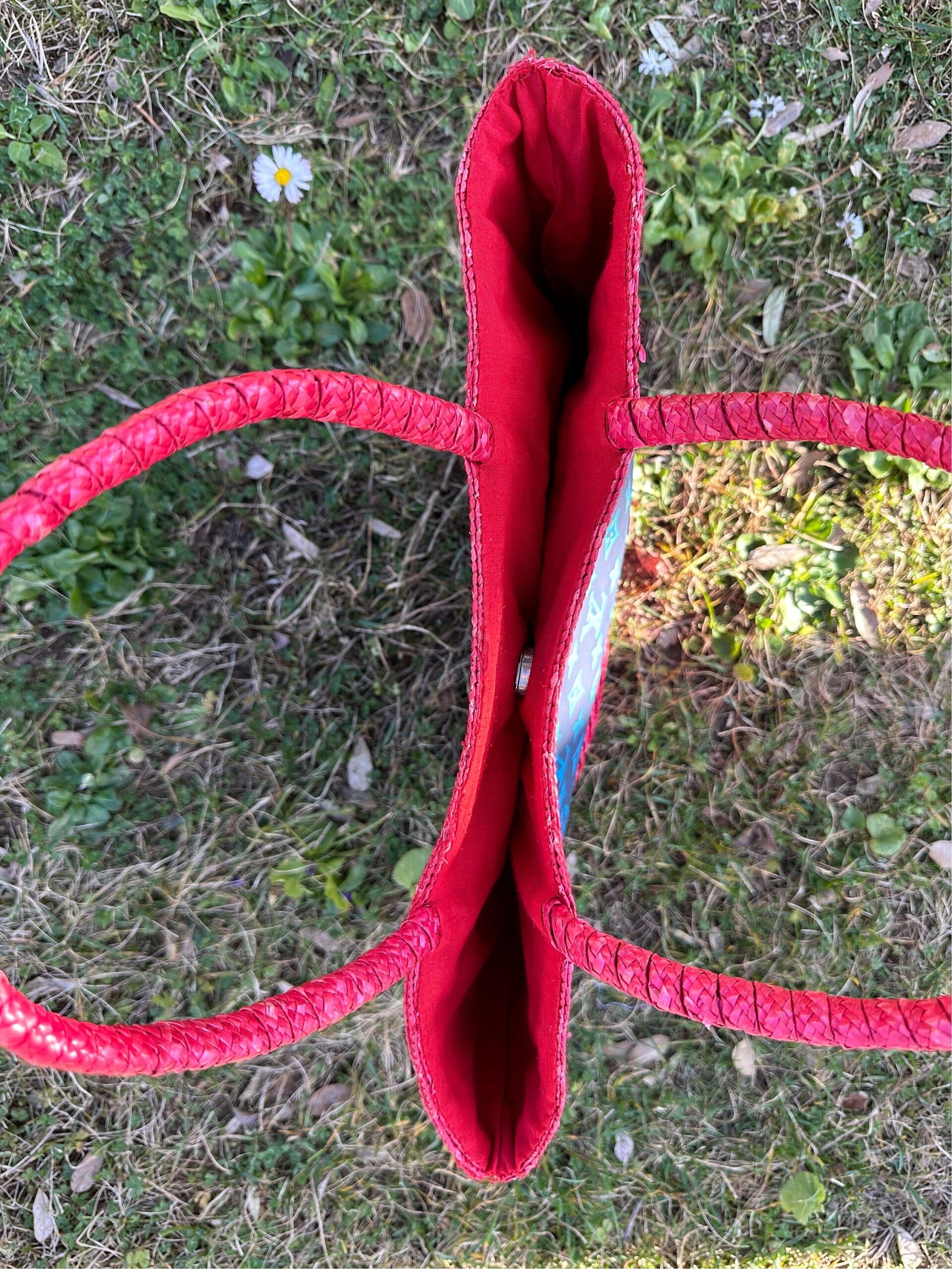 60s Vintage amazing rattan summer bag/Red blue rattan bag/60s raffia bag/Design summer bag/Amazing raffia bags creations - immagine 5